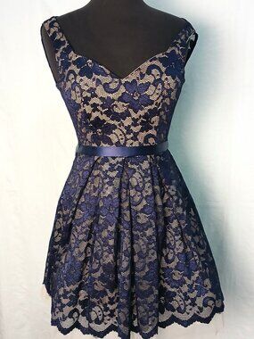 Navy Blue Lace Dress w Nude Lining
